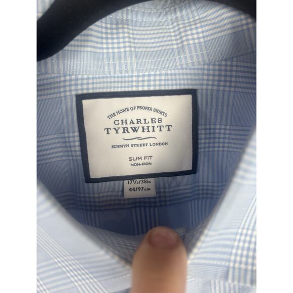 Charles Tyrwhitt Dress Shirt 17.5/38 Slim Fit Non Iron Blue White Plaid‎ - Picture 4 of 4
